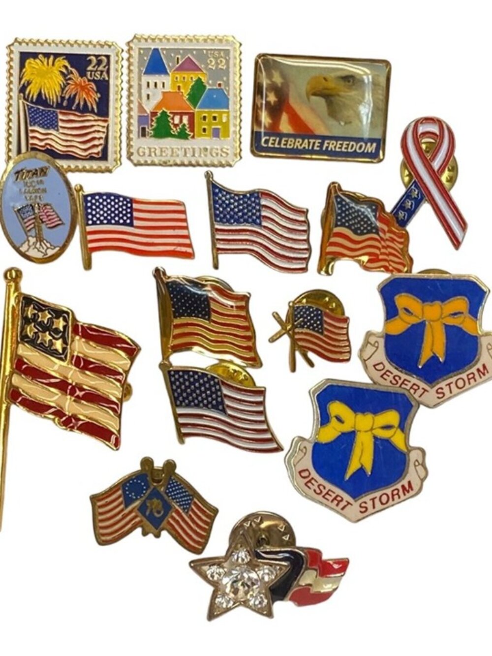 Enamel Pin LOT 16 Flags US Postage Stamps 1776 Yellow Ribbon Desert Storm Titan